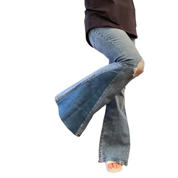 Reworked Distressed Wide Leg Flare Jeans - Picture 3 of 4